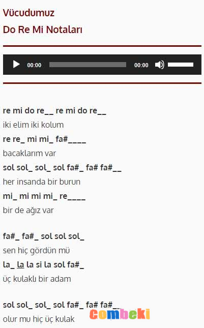 Vücudumuz - Çocuk Şarkı Notaları